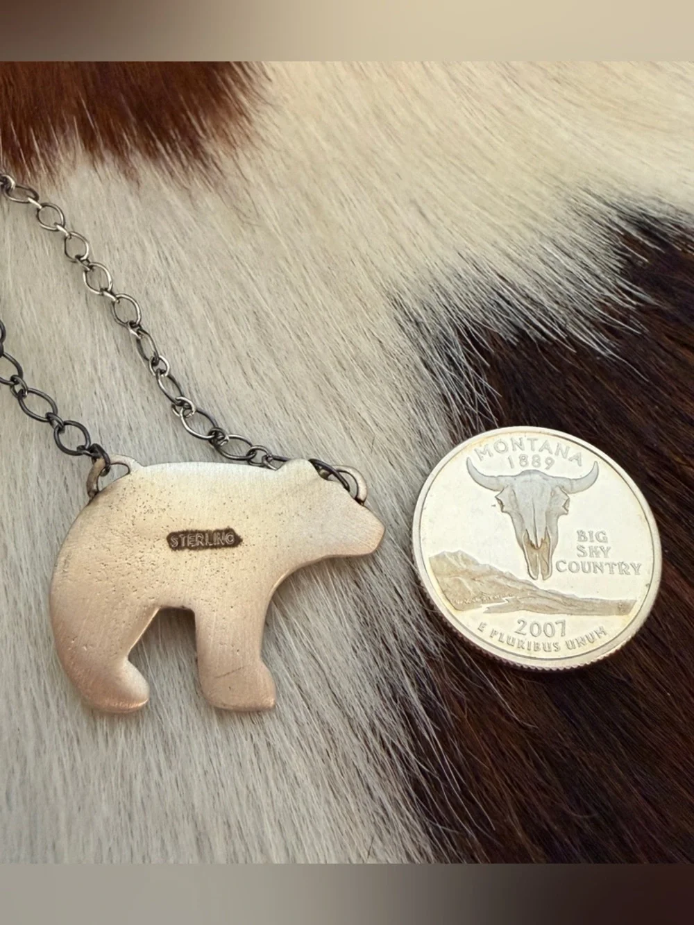 ❤️ Golden Hills Turquoise Hand Stamped Statement Bear Necklace 925 Matte 18+2”
